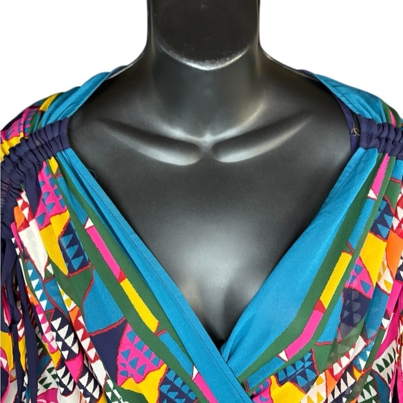 Maeve Anthropologie Semi Sheer Geometric Dress sz 4 V-Neck Cinch Shoulders Blue - Picture 9 of 11